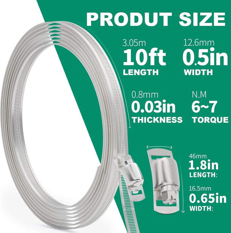 ORU 10FT Hose Clamps,304 Stainless Steel Hose Clamp Assortment Kit DIY Metal Strapping with Holes+8 Fasteners,Adjustable Worm Gear Large Hose Clamps Metal Band Screw Clamp Straps for Pipe,Duct,Tube - Image 2